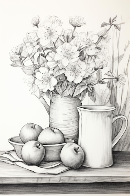 Photo there is a drawing of a vase of flowers and apples on a table generative ai