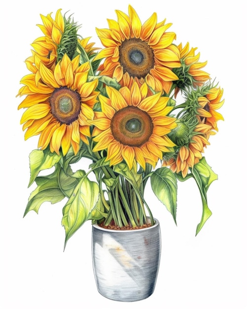 There is a drawing of a vase with sunflowers in it generative ai