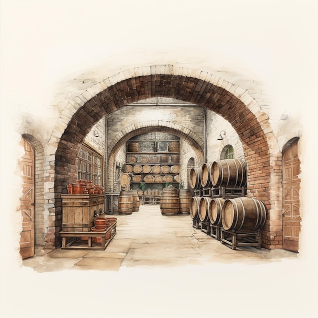 There is a drawing of a wine cellar with barrels generative ai