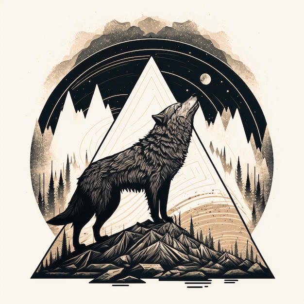 There is a drawing of a wolf standing on a mountain generative ai