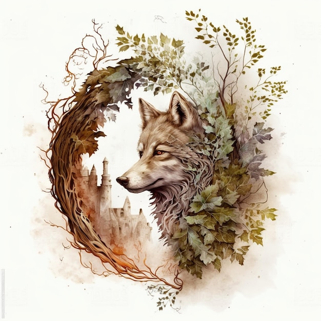 there is a drawing of a wolf with a wreath of leaves generative ai