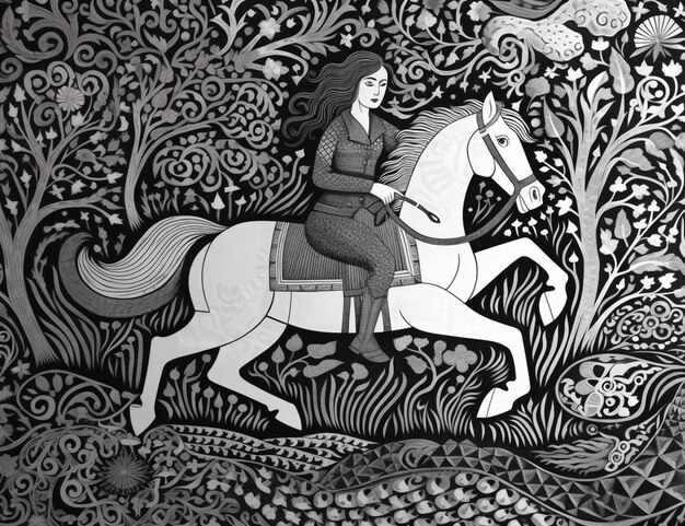 森の中で馬に乗っている女性の絵が描かれています