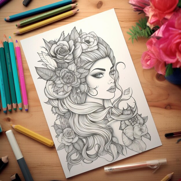 Foto c'è un disegno di una donna con dei fiori sulla testa generativo ai