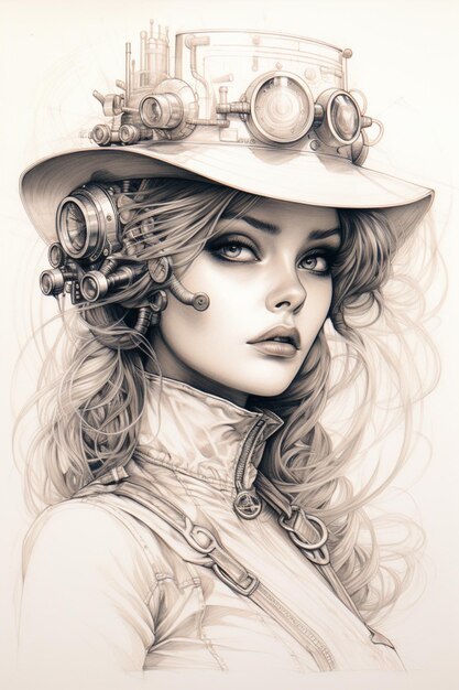 there is a drawing of a woman with a hat and steampunk generative ai