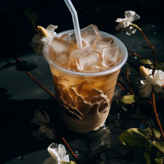 there is a drink with ice in a plastic cup on a table generative ai