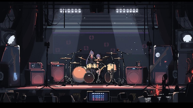 There is a drum set up on a stage with a laptop generative ai