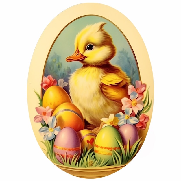 there is a duck sitting in a basket with eggs and flowers generative ai