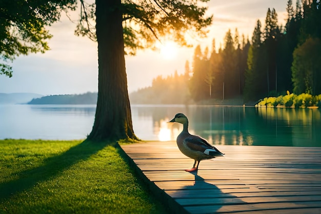 Foto c'è un'anatra in piedi vicino allo stagno realistico