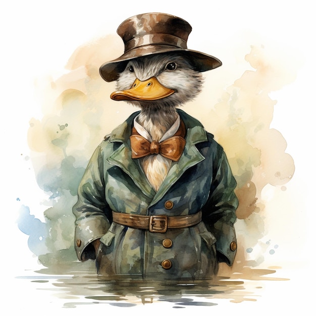 there is a duck wearing a hat and coat standing in water generative ai
