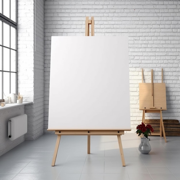 There is a easel with a blank canvas on it in a room generative ai