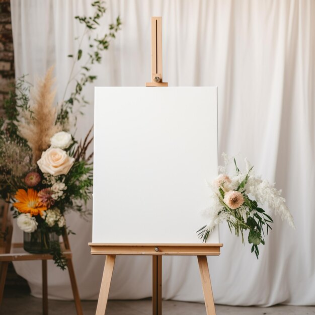 Photo there is a easel with a white canvas and flowers on it generative ai