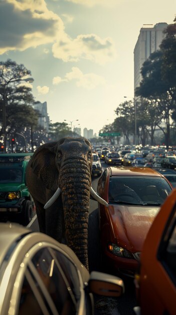 there is a elephant that is walking through the traffic generative ai