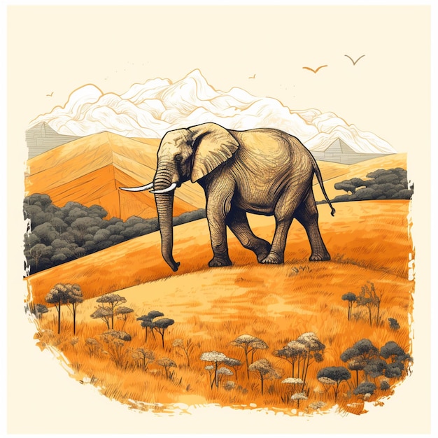 there is an elephant walking across a field with trees in the background generative ai