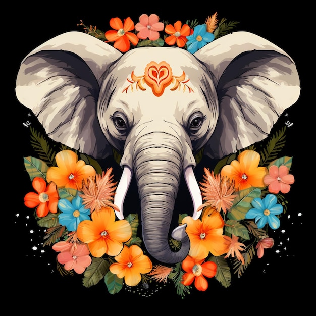 there is an elephant with a floral crown on its head generative ai