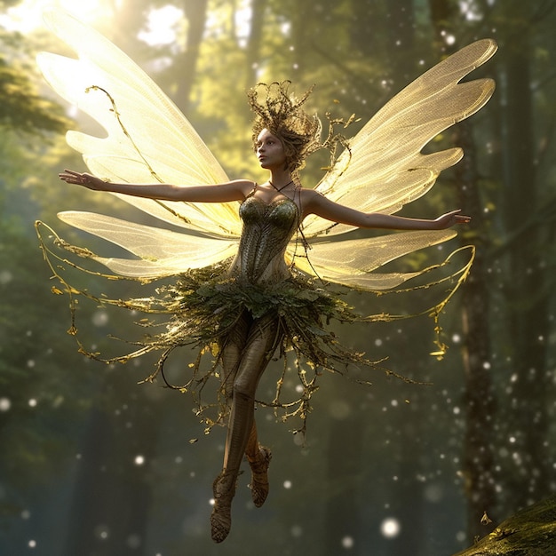 Photo there is a fairy flying through the air in the woods generative ai