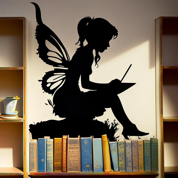 There is a fairy sitting on a book shelf with a laptop generative ai