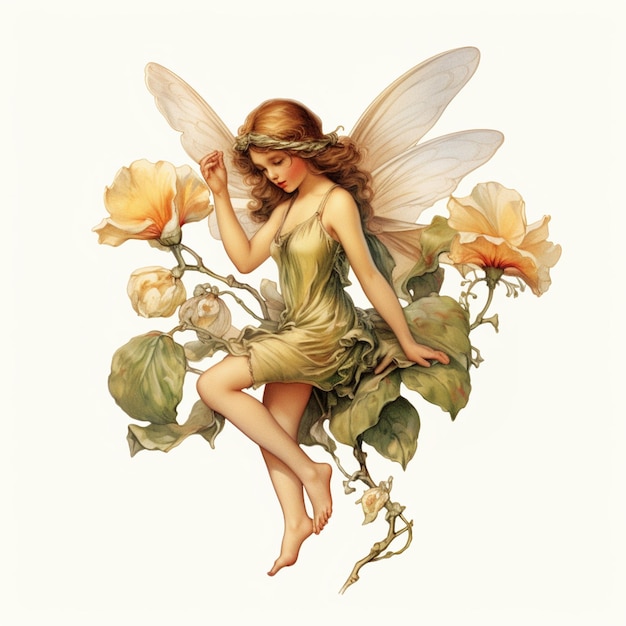 Photo there is a fairy sitting on a flower branch with a butterfly generative ai