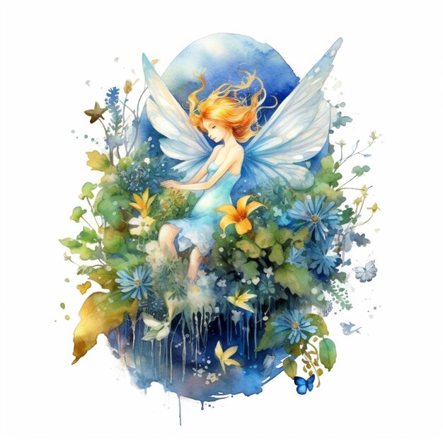 there is a fairy sitting on a flower with butterflies generative ai