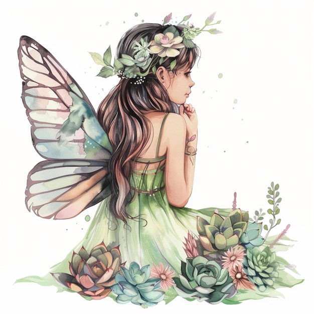 there is a fairy sitting on the ground with a flower crown generative ai