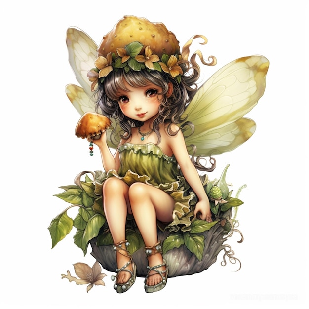 there is a fairy sitting on a rock with a flower crown generative ai