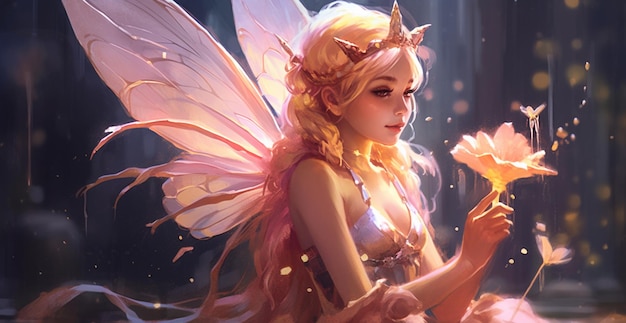 Photo there is a fairy with a flower in her hand generative ai