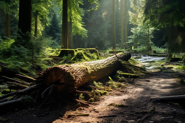 Foto c'è un albero caduto che è sdraiato a terra generativo ai