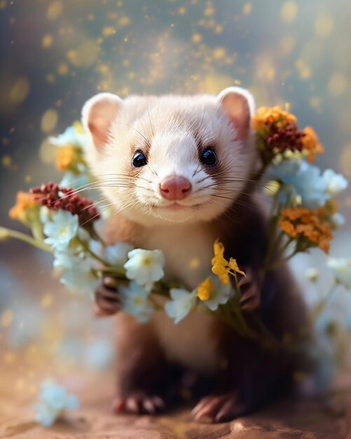 there is a ferret that is sitting on a table with flowers generative ai