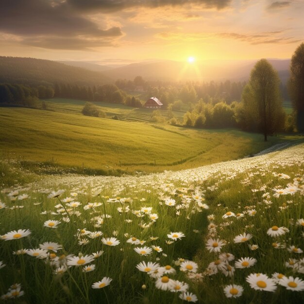 There is a field of daisies in the foreground with a barn in the distance generative ai