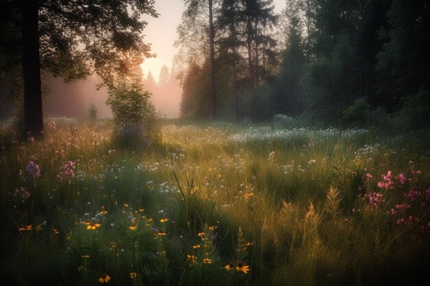 There is a field of flowers in the middle of a forest generative ai