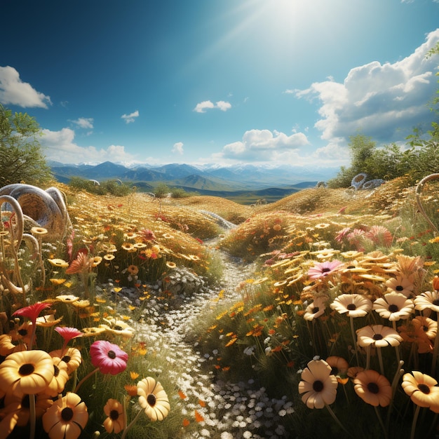 there is a field of flowers with a path in the middle generative ai