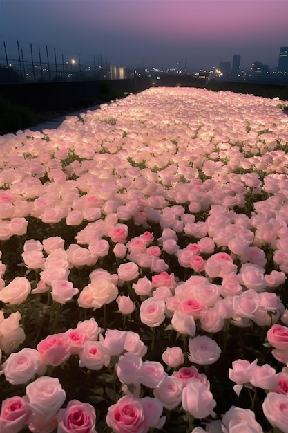 there is a field of pink roses in the middle of a city generative ai