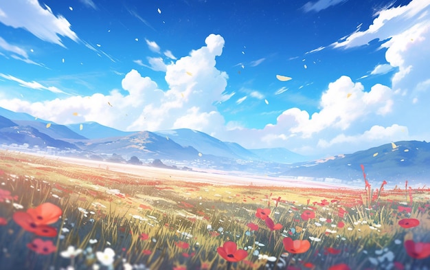 There is a field with flowers and mountains in the background generative ai