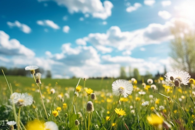 There is a field of yellow and white flowers with a blue sky in the background generative ai