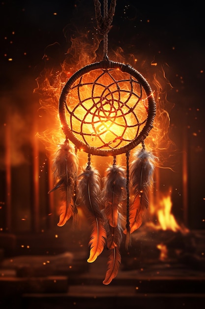 there is a fire burning in the background with a dream catcher hanging from it generative ai