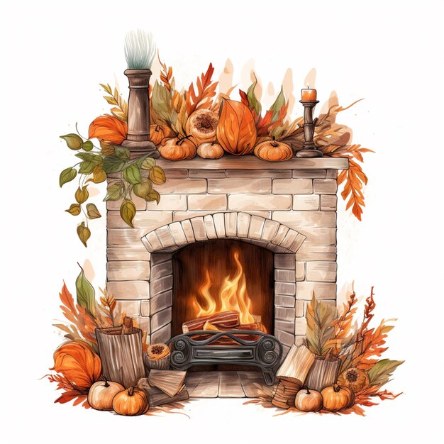 There is a fire place with a fire and a bunch of pumpkins generative ai