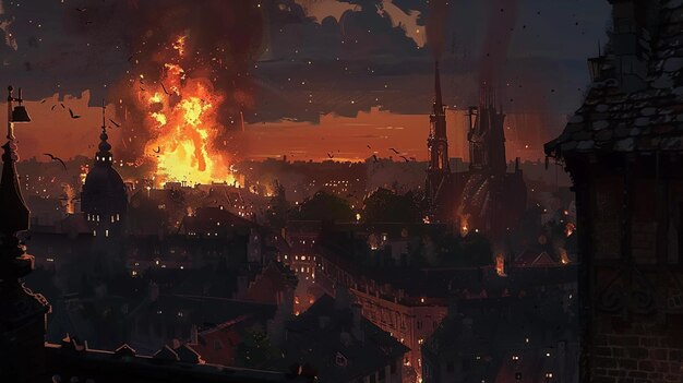도시 위의 하늘에서 불타는 불이 있습니다.