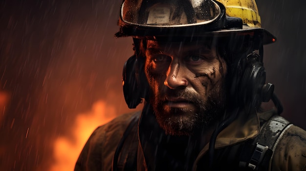 there is a fireman with a helmet and headphones on Generative AI