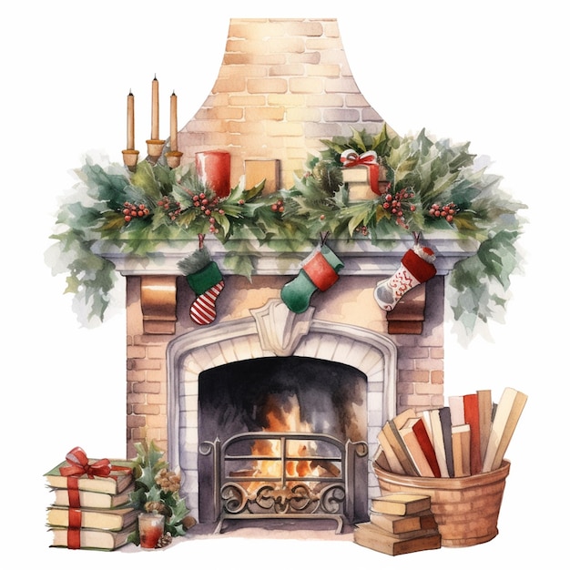 There is a fireplace with a bunch of presents on it generative ai