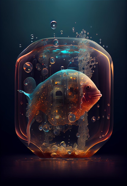 There is a fish in glass container with bubbles generative ai