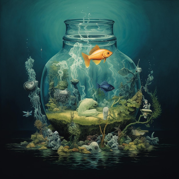 There is a fish in a glass jar with a lot of water generative ai