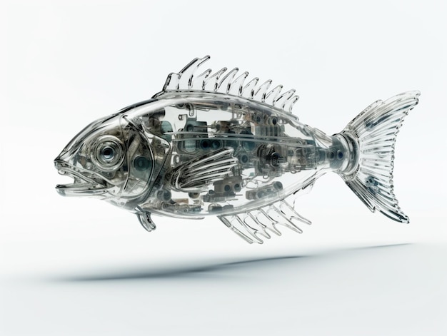 There is a fish made of metal and glass on a white surface generative ai