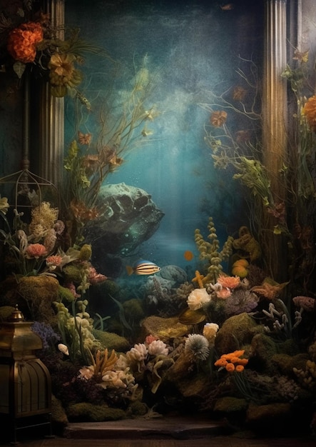 There is a fish tank with a fish and many plants generative ai