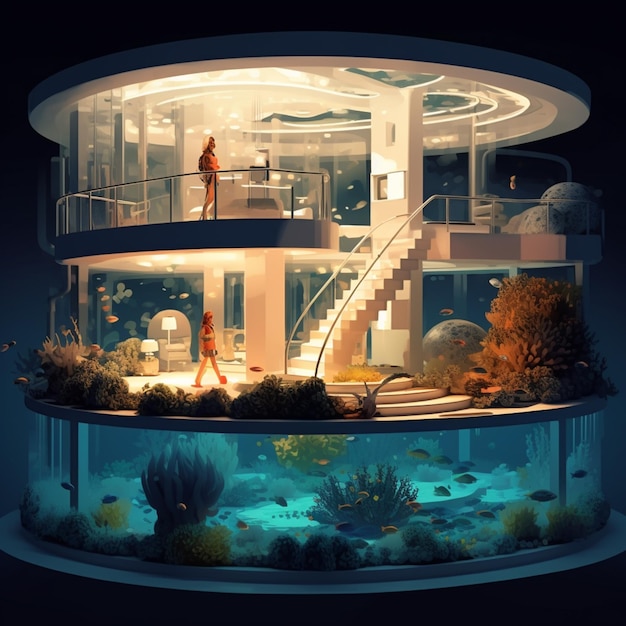 there is a fish tank with a house inside of it generative ai