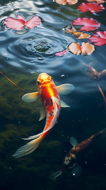there is a fish that is swimming in the water with lily pads generative ai