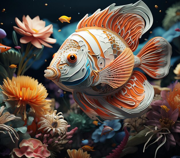 there is a fish that is in the water with many flowers generative ai