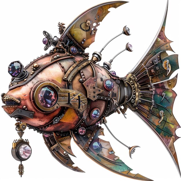 Photo there is a fish with a clockwork head and a chain attached to it generative ai