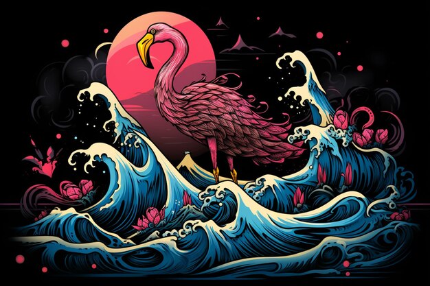 There is a flamingo standing on a wave in the ocean generative ai