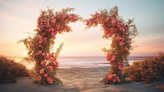 There is a floral arch made of branches and flowers on the beach generative ai