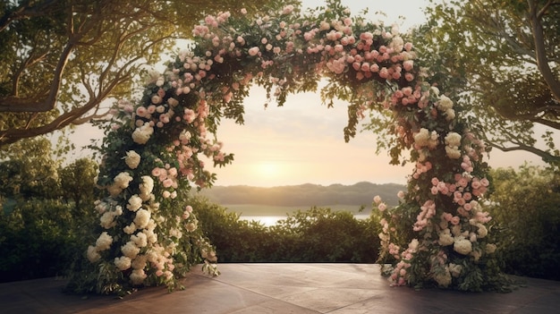 There is a floral arch with flowers on it in the middle of a patio generative ai