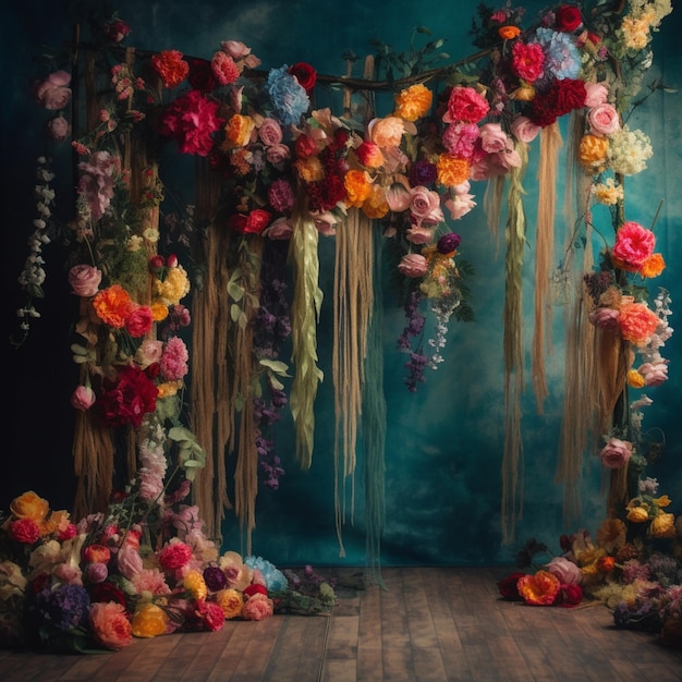 There is a floral arch with flowers and plants on it generative ai